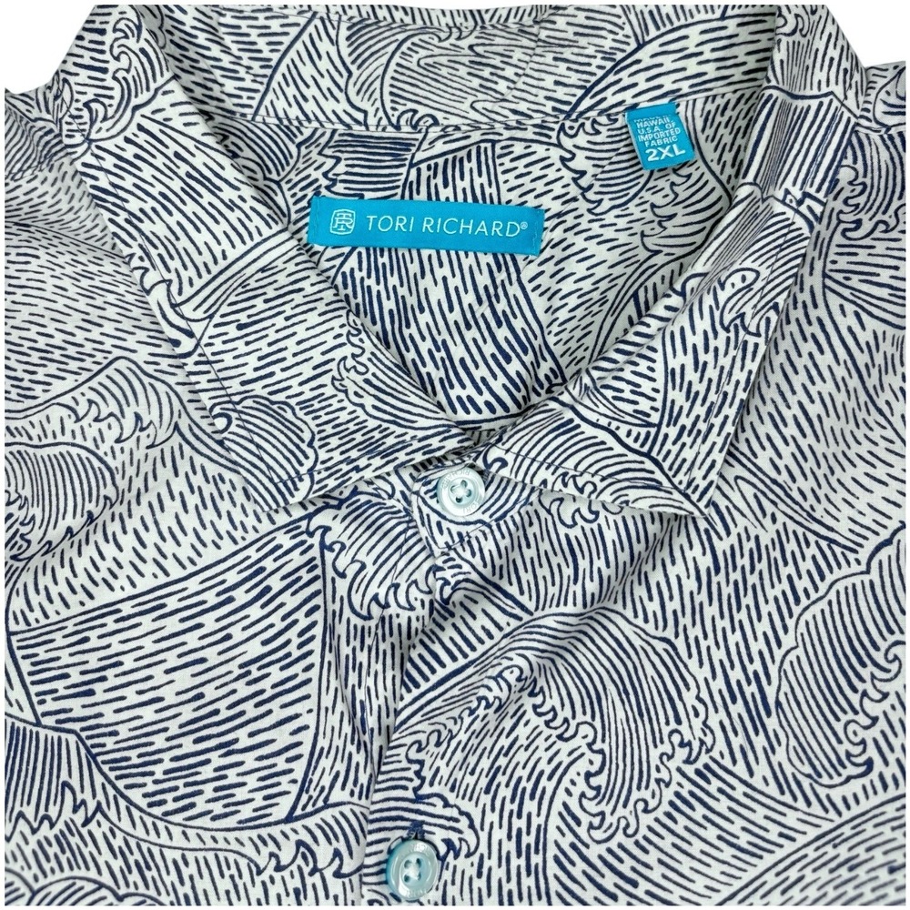 Tori Richard Mens Button Up Shirt 2XL Blue White Ocean Wave Cotton Lawn Hawaii